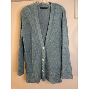 PERUVIAN CONNECTION Blue Ribbed Cardigan Sweater L Baby Alpaca Blend